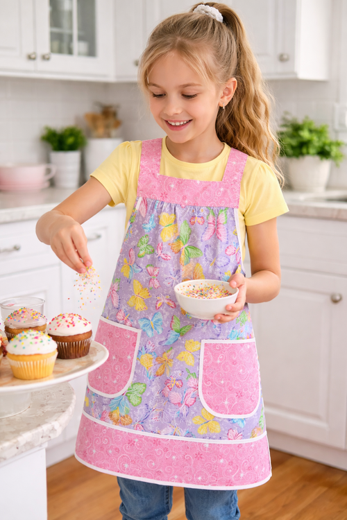 Glitzy Butterflies Children's Pinafore with no ties (straps go straight over the shoulders) relaxed fit smock with pockets, choose colors!