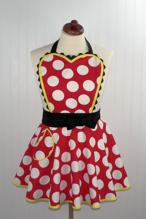 Red Polka Dot Twirly Skirt Apron with heart-shaped bib, flirty kitchen apron, delightful Minnie cosplay apron- ready to ship