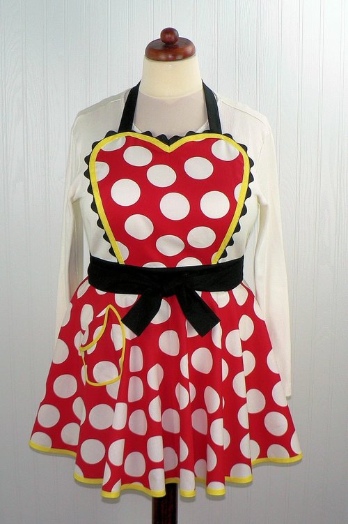 Red Polka Dot Twirly Skirt Apron with heart-shaped bib, flirty kitchen apron, delightful Minnie cosplay apron- ready to ship