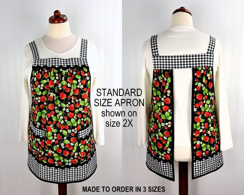 XS to 5X Strawberry Patch Pinafore (with Black Gingham accents) has no ties, relaxed fit smock apron with pockets