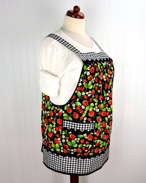 XS to 5X Strawberry Patch Pinafore (with Black Gingham accents) has no ties, relaxed fit smock apron with pockets