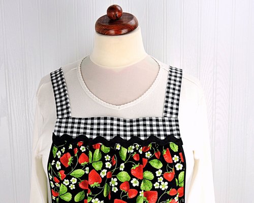 XS to 5X Strawberry Patch Pinafore (with Black Gingham accents) has no ties, relaxed fit smock apron with pockets