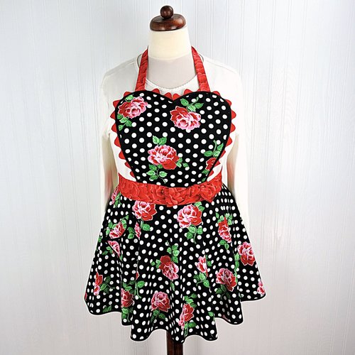 Retro 50s Twirly Skirt Apron (Polka Dots & Roses on black) heart-shaped bib, flirty photo prop, ready to ship gift for her