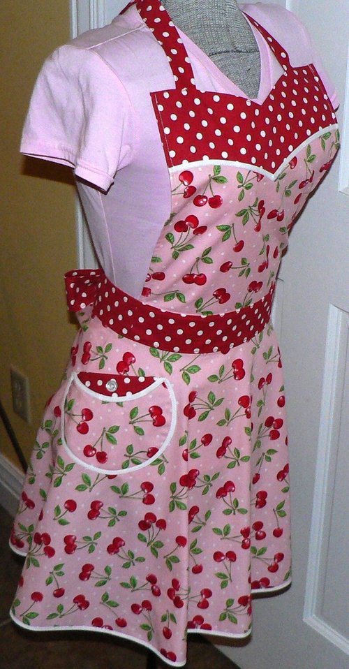 Pink Cherry Dot Twirly Skirt Apron (sweetheart neckline) flirty photo prop, retro diner apron with pocket, one size