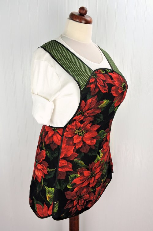 Retro 50s Christmas Smock, Large Poinsettias on Black relaxed fit H-back apron, 1st sample available (fits L/XL) SHIPS FAST