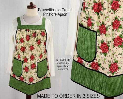 Poinsettias on Cream Pinafore with no ties, XS - 5X relaxed fit smock with pockets, Christmas Floral Apron made to order