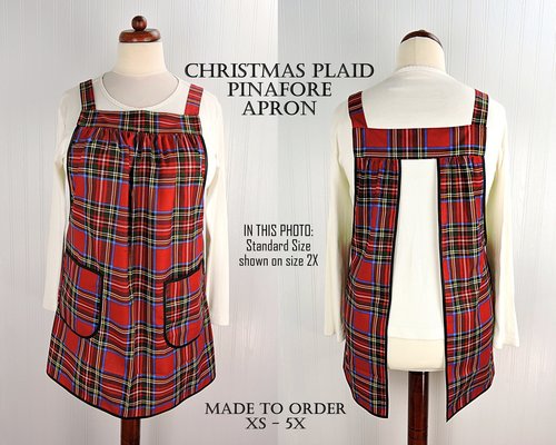 Christmas Plaid Pinafore with no ties, relaxed fit smock with pockets, LAST ONE handmade after order