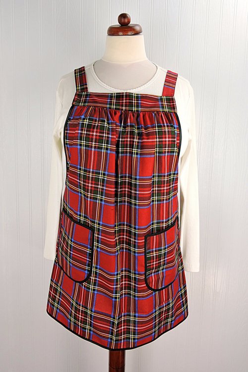 Christmas Plaid Pinafore with no ties, relaxed fit smock with pockets, LAST ONE handmade after order