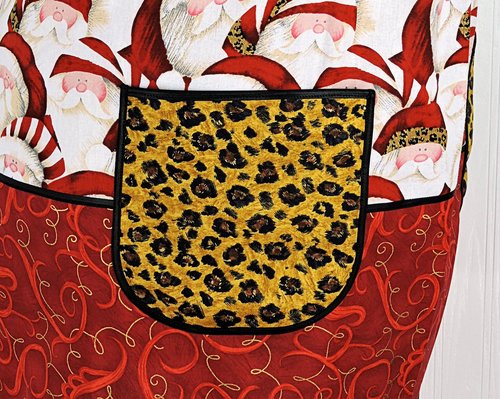 Delightful Leopard Santa Scrapbuster Pinafore with no ties, relaxed fit smock with pockets fits L/XL/2X ready to ship now