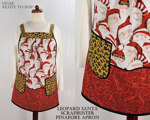 Delightful Leopard Santa Scrapbuster Pinafore with no ties, relaxed fit smock with pockets fits L/XL/2X ready to ship now
