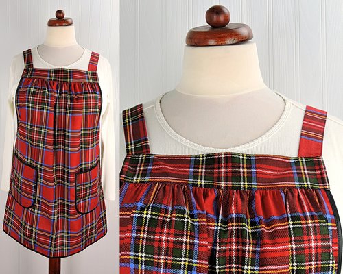 Christmas Plaid Pinafore with no ties, relaxed fit smock with pockets, LAST ONE handmade after order