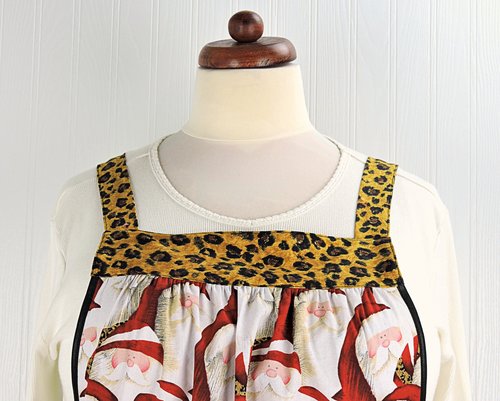 Delightful Leopard Santa Scrapbuster Pinafore with no ties, relaxed fit smock with pockets fits L/XL/2X ready to ship now