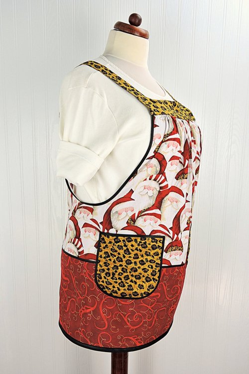 Delightful Leopard Santa Scrapbuster Pinafore with no ties, relaxed fit smock with pockets fits L/XL/2X ready to ship now