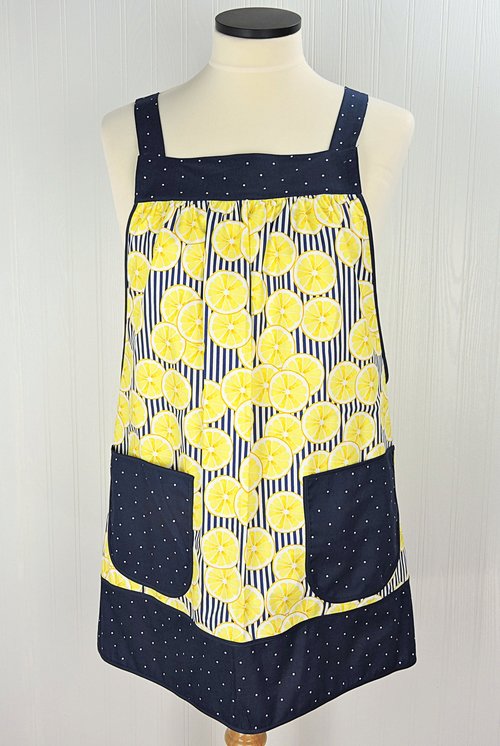 SHIPS FAST~ Sunny Lemons on Navy Pinafore Apron with no ties, relaxed fit smock apron with pockets, fits L/XL/2X Ready to Ship