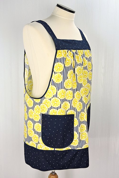 SHIPS FAST~ Sunny Lemons on Navy Pinafore Apron with no ties, relaxed fit smock apron with pockets, fits L/XL/2X Ready to Ship
