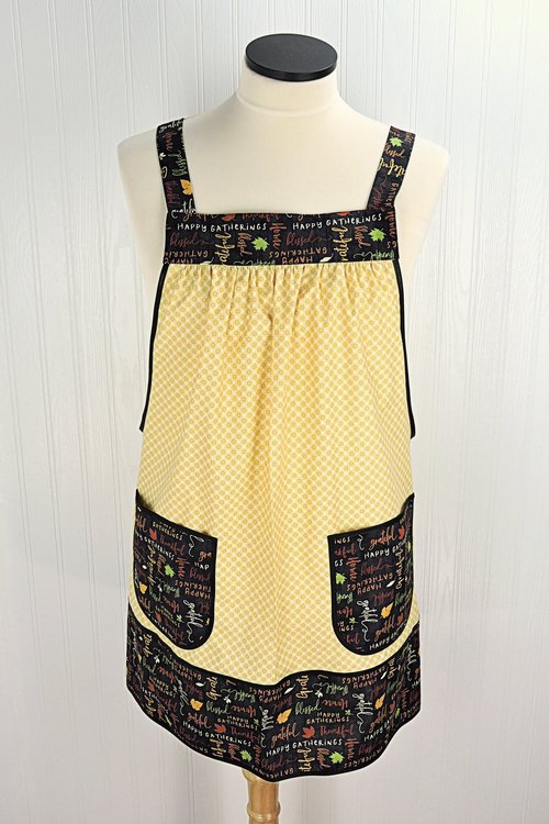 Thanksgiving Hostess Apron, Happy Gatherings Pinafore with no ties, relaxed fit smock with pockets fits L/XL/2X, ready to ship