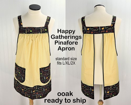 Thanksgiving Hostess Apron, Happy Gatherings Pinafore with no ties, relaxed fit smock with pockets fits L/XL/2X, ready to ship