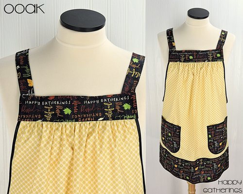 Thanksgiving Hostess Apron, Happy Gatherings Pinafore with no ties, relaxed fit smock with pockets fits L/XL/2X, ready to ship