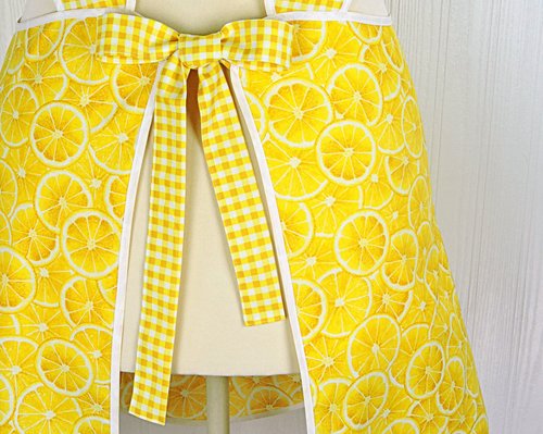 Lemon Slices & Gingham 50s Smock Apron, relaxed fit "H-back" doesn't touch neck, from XS to 4X w/ pocket options, Lemon Fresh collection