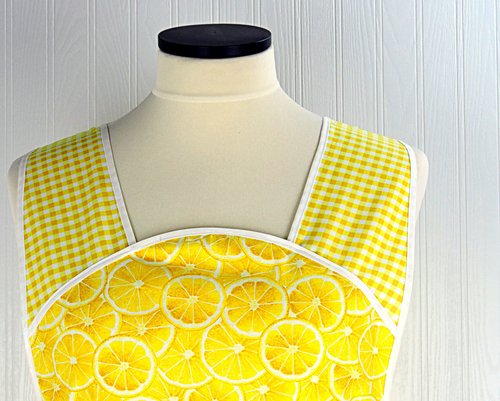 Lemon Slices & Gingham 50s Smock Apron, relaxed fit "H-back" doesn't touch neck, from XS to 4X w/ pocket options, Lemon Fresh collection