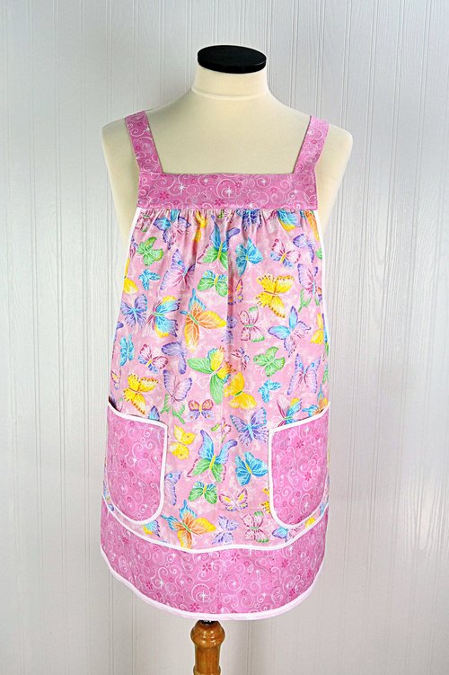 Pink Glitzy Butterflies Pinafore with no ties, relaxed fit smock apron with pockets, colorful with a bit of sparkle XS -5X