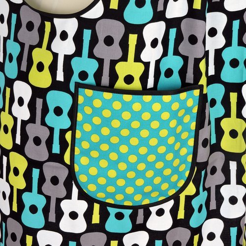Groovy Guitars Pinafore Apron with no ties, relaxed fit smock with pockets, Lagoon colorway, ready to ship, fits L/XL/2X