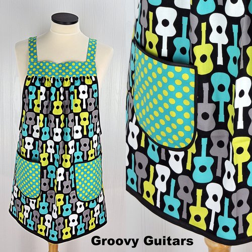 Groovy Guitars Pinafore Apron with no ties, relaxed fit smock with pockets, Lagoon colorway, ready to ship, fits L/XL/2X