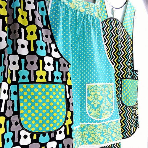 Groovy Guitars Pinafore Apron with no ties, relaxed fit smock with pockets, Lagoon colorway, ready to ship, fits L/XL/2X