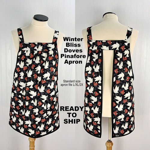 Winter Bliss Peace Doves Pinafore with no ties, relaxed fit smock with pockets fits L/XL/2X, Christmas apron ready to ship