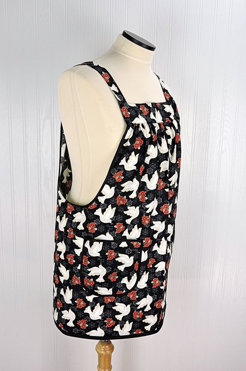 Winter Bliss Peace Doves Pinafore with no ties, relaxed fit smock with pockets fits L/XL/2X, Christmas apron ready to ship
