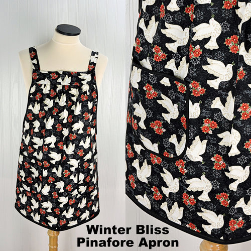 Winter Bliss Peace Doves Pinafore with no ties, relaxed fit smock with pockets fits L/XL/2X, Christmas apron ready to ship