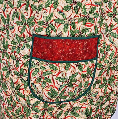 SHIPS FAST~ Holly & Ribbon Pinafore with no ties, relaxed fit smock with pockets fits L/XL/2X, Christmas baking apron, one of a kind
