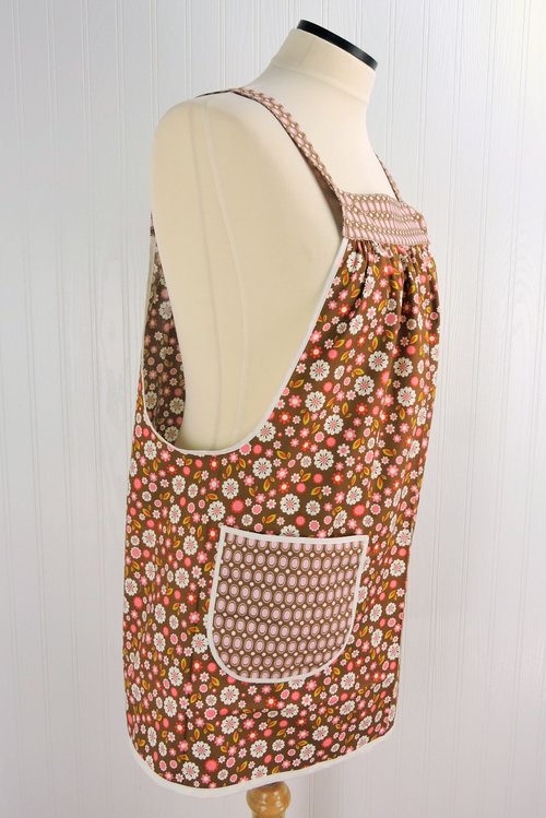 Indian Summer Brown Floral Pinafore, retro hostess apron, relaxed fit smock with pockets fits L/XL/2X, ready to ship