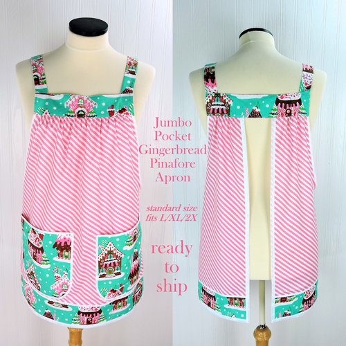 Jumbo Pocket Gingerbread Pinafore with no ties, relaxed fit smock with pockets, Christmas Hostess Apron fits L/XL/2X, ships fast