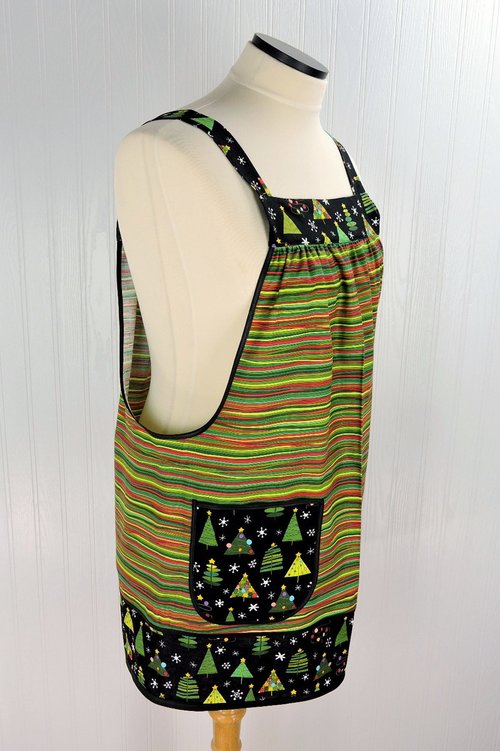 Christmas Trees on stripe Pinafore with no ties, relaxed fit smock with pockets fits L/XL/2X, one of a kind holiday apron, ships fast