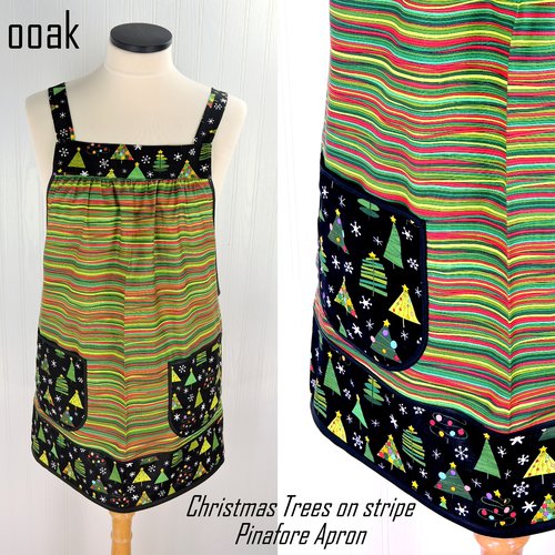 Christmas Trees on stripe Pinafore with no ties, relaxed fit smock with pockets fits L/XL/2X, one of a kind holiday apron, ships fast