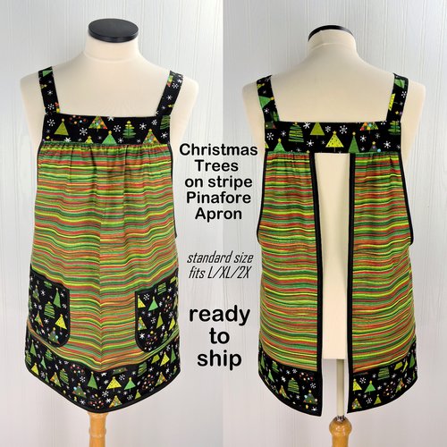 Christmas Trees on stripe Pinafore with no ties, relaxed fit smock with pockets fits L/XL/2X, one of a kind holiday apron, ships fast