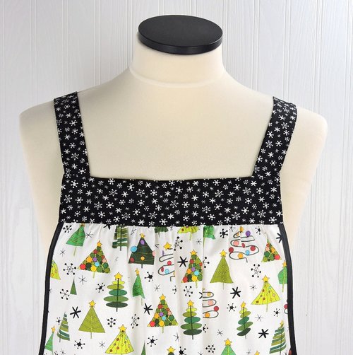 Christmas Trees on White Pinafore with no ties, relaxed fit smock with pockets fits L/XL/2X, one of a kind holiday apron ships fast