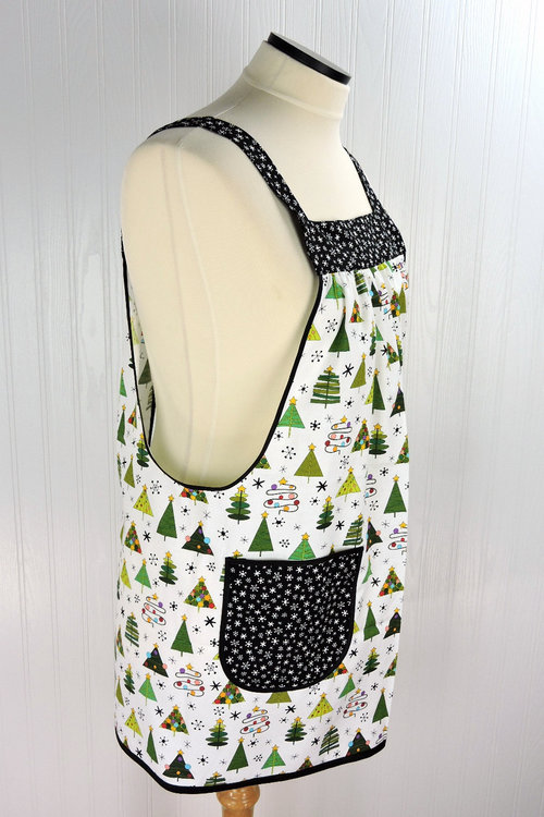 Christmas Trees on White Pinafore with no ties, relaxed fit smock with pockets fits L/XL/2X, one of a kind holiday apron ships fast