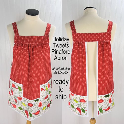 Holiday Tweets Pinafore Apron with no ties, relaxed fit smock with pockets fits L/XL/2X, one of a kind holiday apron ships fast