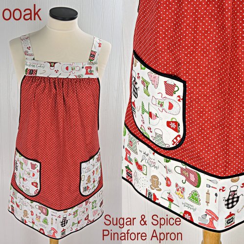 SHIPS FAST Sugar & Spice Pinafore with no ties, relaxed fit smock with pockets, Christmas baking apron fits L/XL/2X, Grandmacore Holiday