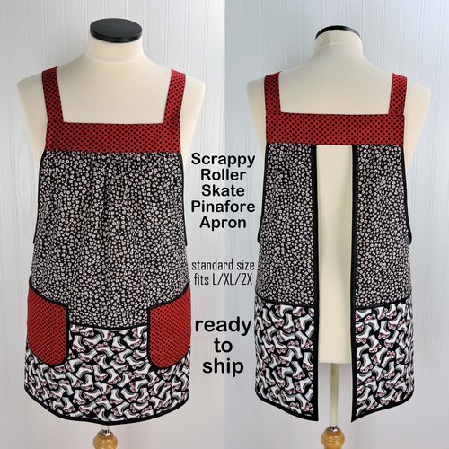 Scrappy Roller Skates Pinafore Apron with no ties, relaxed fit smock with pockets, fun kitchen apron fits L/XL/2X, ready to ship now