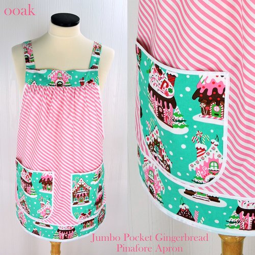 Jumbo Pocket Gingerbread Pinafore with no ties, relaxed fit smock with pockets, Christmas Hostess Apron fits L/XL/2X, ships fast