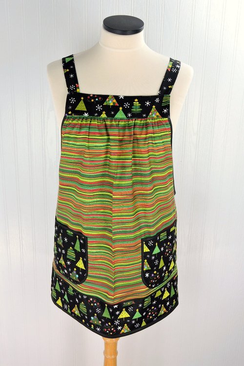 Christmas Trees on stripe Pinafore with no ties, relaxed fit smock with pockets fits L/XL/2X, one of a kind holiday apron, ships fast