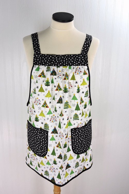 Christmas Trees on White Pinafore with no ties, relaxed fit smock with pockets fits L/XL/2X, one of a kind holiday apron ships fast