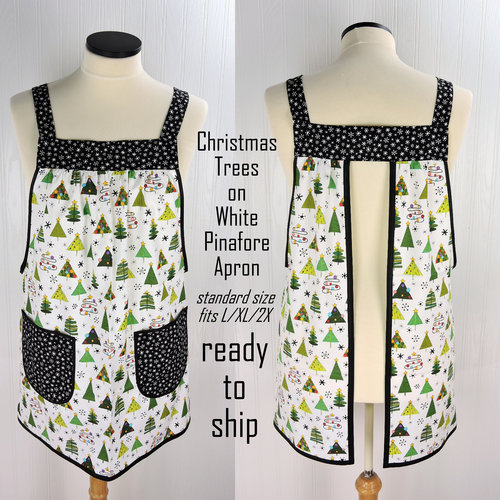 Christmas Trees on White Pinafore with no ties, relaxed fit smock with pockets fits L/XL/2X, one of a kind holiday apron ships fast