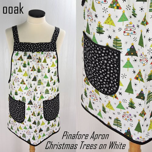 Christmas Trees on White Pinafore with no ties, relaxed fit smock with pockets fits L/XL/2X, one of a kind holiday apron ships fast