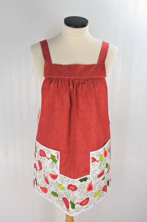 Holiday Tweets Pinafore Apron with no ties, relaxed fit smock with pockets fits L/XL/2X, one of a kind holiday apron ships fast