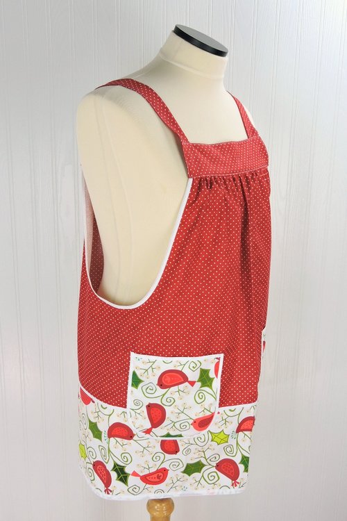 Holiday Tweets Pinafore Apron with no ties, relaxed fit smock with pockets fits L/XL/2X, one of a kind holiday apron ships fast