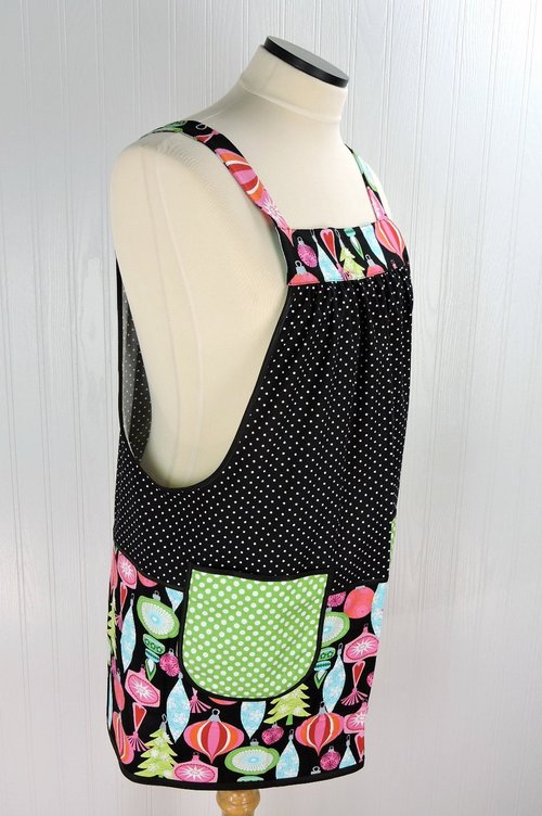 Christmas Ornaments and Polka Dots Pinafore with no ties, relaxed fit smock with pockets fits L-XL-2X, Holiday Hostess Apron ships fast